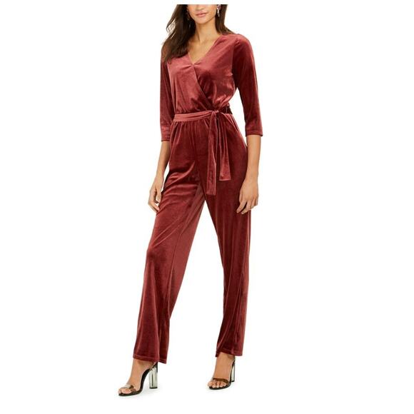 NY Collection Faux Wrap Velvet Jumpsuit Burgundy Red Womens Size Petite XL New - Picture 1 of 11